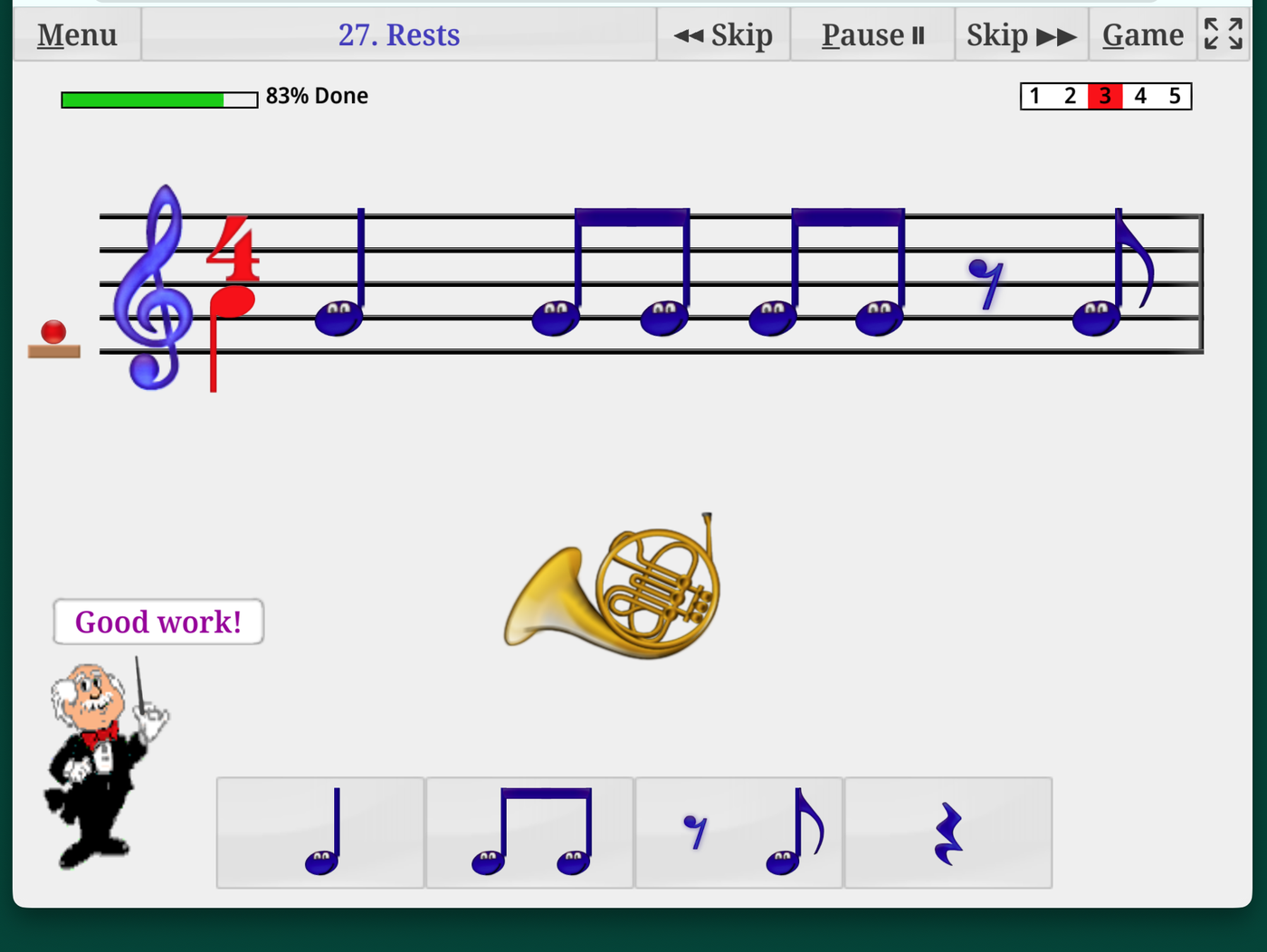 A lesson moment: Maestro Max says Good work! after a rhythm is answered correctly