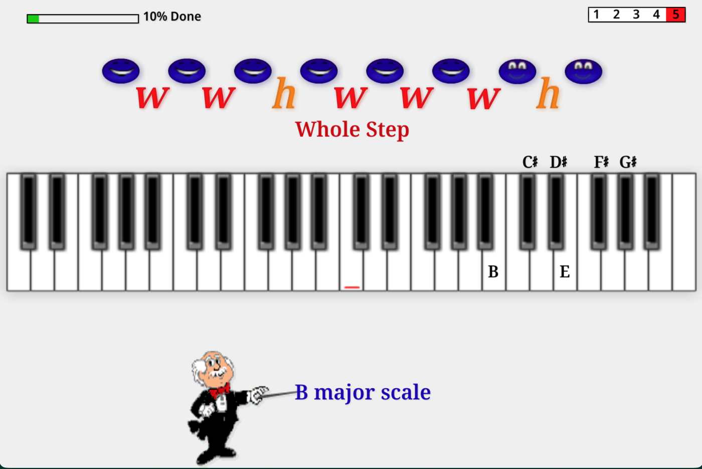 A Music Ace lesson showing the whole-step and half-step pattern of a major scale on a piano keyboard